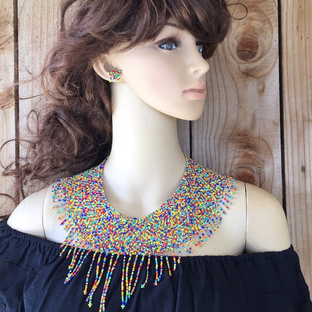 Mexican hand beaded necklace set with earrings